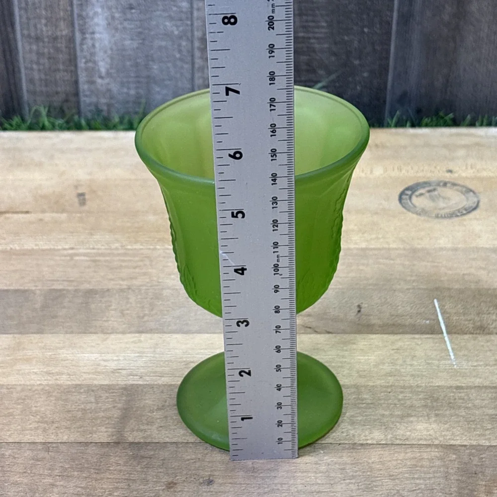 Vintage 1970s Indiana Glass Harvest Grape Green Satin Frosted Goblet Pedestal